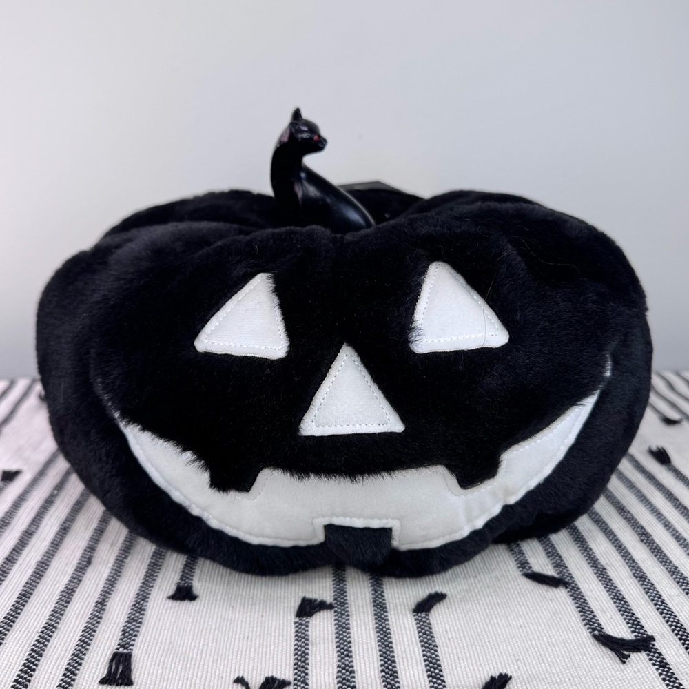 NEW Ghoulish Plush Pumpkin Pillow with Black Cat Stem